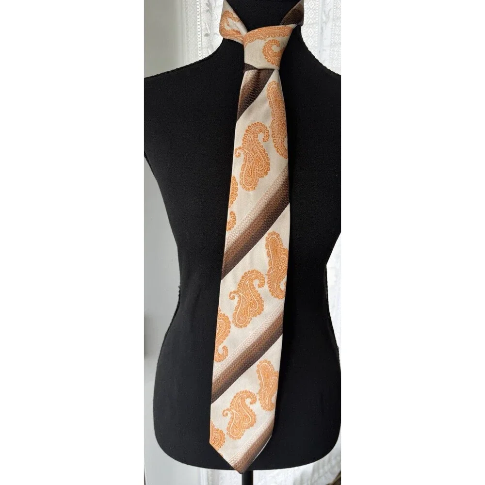 Karl Knox Bold Designer Necktie Orange Paisley Geometric Brown Cream Microfiber